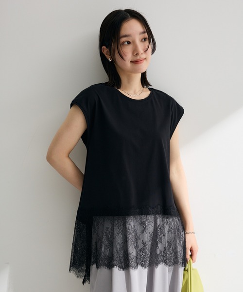 Green Parks(グリーンパークス)の「裾レースイレヘムフレンチTシャツ(Tシャツ/カットソー・レディース・ブラウン/ホワイト/ブラック・FREE)」の1枚目の写真