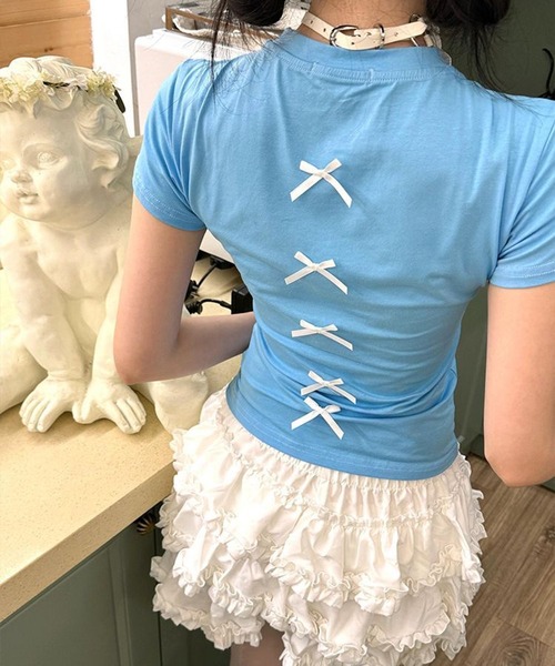 AsheKsha(アシクシャ)の「【Y2K 甘めガーリー】レースリボン数字プリントスリムショートTシャツ(Tシャツ/カットソー・レディース・ブルー・M)」の17枚目の写真