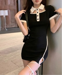 【Y2Kガーリー】 バイカラー襟付きハートボタンミニワンピース