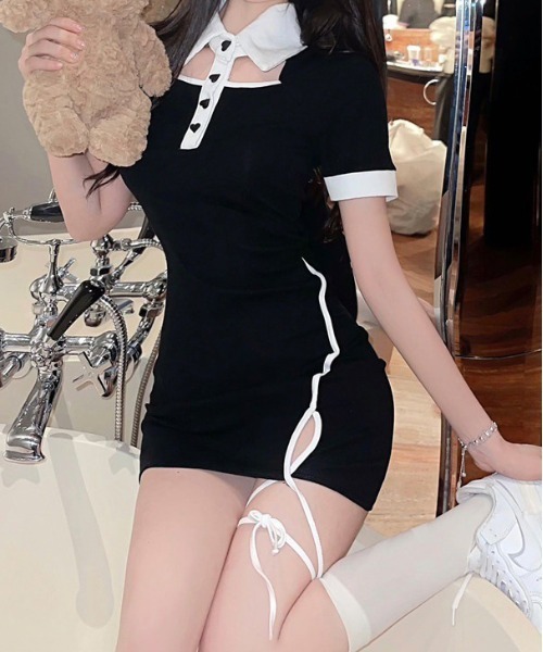 gossip!ロサンゼルス(ゴシップロサンゼルス)の「【Y2Kガーリー】 バイカラー襟付きハートボタンミニワンピース(ワンピース・レディース・ブラック・M)」の9枚目の写真
