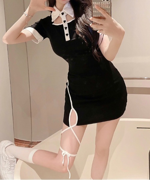 gossip!ロサンゼルス(ゴシップロサンゼルス)の「【Y2Kガーリー】 バイカラー襟付きハートボタンミニワンピース(ワンピース・レディース・ブラック・M)」の10枚目の写真