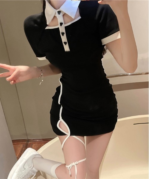 gossip!ロサンゼルス(ゴシップロサンゼルス)の「【Y2Kガーリー】 バイカラー襟付きハートボタンミニワンピース(ワンピース・レディース・ブラック・M)」の15枚目の写真