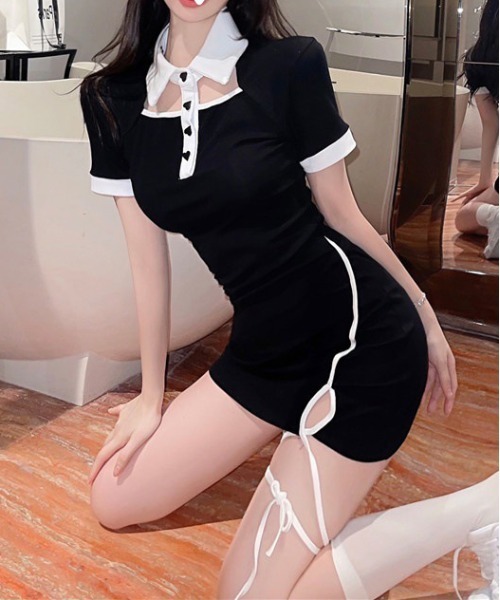 gossip!ロサンゼルス(ゴシップロサンゼルス)の「【Y2Kガーリー】 バイカラー襟付きハートボタンミニワンピース(ワンピース・レディース・ブラック・M)」の16枚目の写真