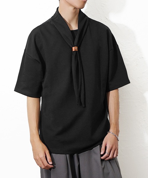 MinoriTY(マイノリティ)の「【MinoriTY】スカーフTシャツ メンズ 夏服 半袖 リングスカーフ付き スタンドカラーTシャツ(Tシャツ/カットソー・メンズ・グレー/ブラック・M/L)」の1枚目の写真