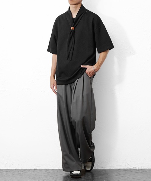 MinoriTY(マイノリティ)の「【MinoriTY】スカーフTシャツ メンズ 夏服 半袖 リングスカーフ付き スタンドカラーTシャツ(Tシャツ/カットソー・メンズ・グレー/ブラック・M/L)」の6枚目の写真