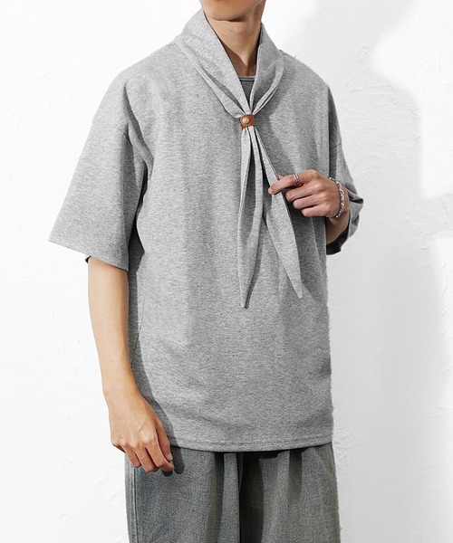 MinoriTY(マイノリティ)の「【MinoriTY】スカーフTシャツ メンズ 夏服 半袖 リングスカーフ付き スタンドカラーTシャツ(Tシャツ/カットソー・メンズ・グレー/ブラック・M/L)」の9枚目の写真