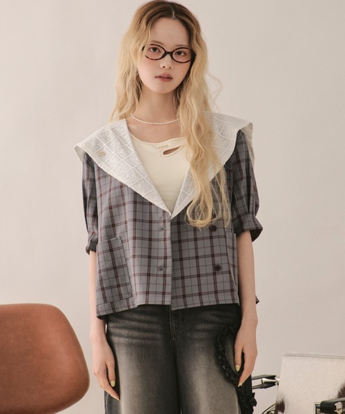 loin nuit(ロワンニュイ)の「sailor collar lace jacket / セーラーカラーレースジャケット(テーラードジャケット・レディース・ピンク/グレー/ネイビー・FREE)」の4枚目の写真