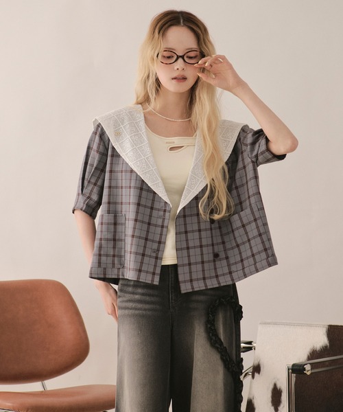 loin nuit(ロワンニュイ)の「sailor collar lace jacket / セーラーカラーレースジャケット(テーラードジャケット・レディース・ピンク/グレー/ネイビー・FREE)」の6枚目の写真