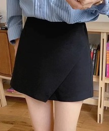 【ミニ丈/裏地付き】韓国っぽ美脚見せスカパン。アシンメトリー ラップミニスカート風 ショートパンツ レディース