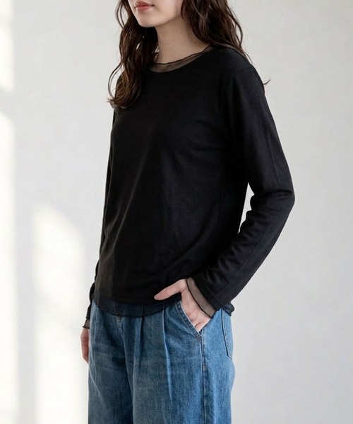 aimoha(アイモハ)の「aimoha/シアー切替トップス(Tシャツ/カットソー・レディース・グレー/ブラック・FREE)」の5枚目の写真