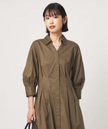 ［size SHORTあり］シャツ襟 フィット＆フレア タック 5分袖 ワンピース