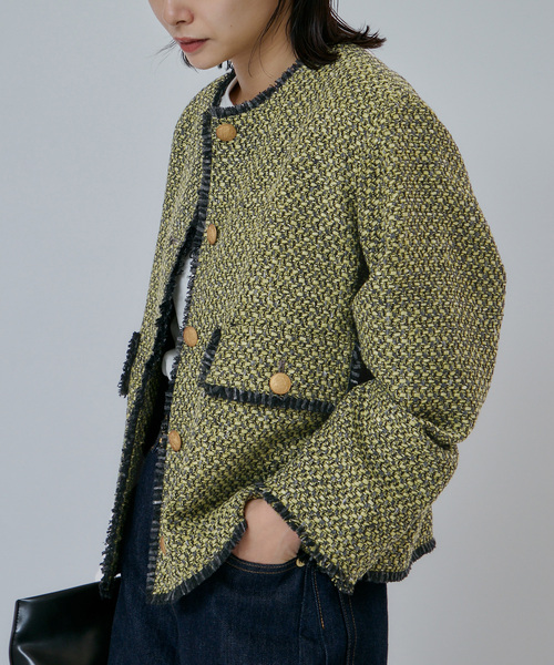 journal standard L'essage(ジャーナルスタンダードレサージュ)の「【一部店舗&WEB限定】GIOLICAツイード C ジャケット(ノーカラージャケット・レディース・モスグリーン・FREE)」の1枚目の写真