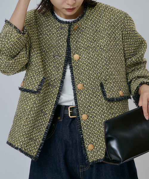 journal standard L'essage(ジャーナルスタンダードレサージュ)の「【一部店舗&WEB限定】GIOLICAツイード C ジャケット(ノーカラージャケット・レディース・モスグリーン・FREE)」の14枚目の写真