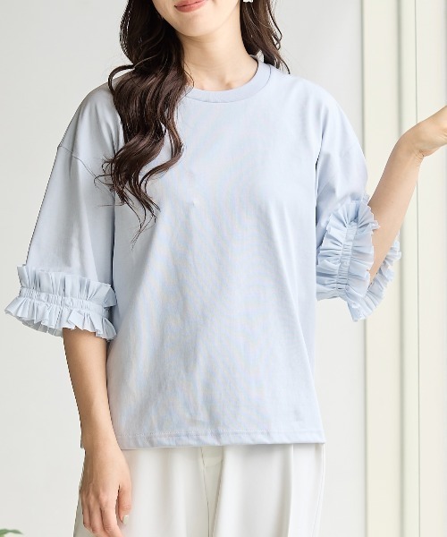BIRTHDAY BASH(バースデイバッシュ)の「TUCK RIBBON SLEEVE TOPS(タックリボンスリーブルトップス)(Tシャツ/カットソー・レディース・ブラック/サックスブルー/ホワイト・FREE)」の1枚目の写真