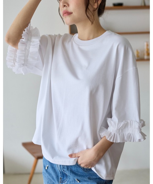 BIRTHDAY BASH(バースデイバッシュ)の「TUCK RIBBON SLEEVE TOPS(タックリボンスリーブルトップス)(Tシャツ/カットソー・レディース・ブラック/サックスブルー/ホワイト・FREE)」の9枚目の写真
