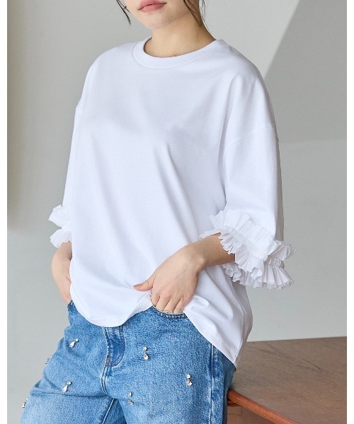 BIRTHDAY BASH(バースデイバッシュ)の「TUCK RIBBON SLEEVE TOPS(タックリボンスリーブルトップス)(Tシャツ/カットソー・レディース・ブラック/サックスブルー/ホワイト・FREE)」の5枚目の写真
