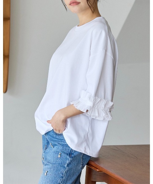 BIRTHDAY BASH(バースデイバッシュ)の「TUCK RIBBON SLEEVE TOPS(タックリボンスリーブルトップス)(Tシャツ/カットソー・レディース・ブラック/サックスブルー/ホワイト・FREE)」の6枚目の写真