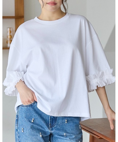 BIRTHDAY BASH(バースデイバッシュ)の「TUCK RIBBON SLEEVE TOPS(タックリボンスリーブルトップス)(Tシャツ/カットソー・レディース・ブラック/サックスブルー/ホワイト・FREE)」の4枚目の写真