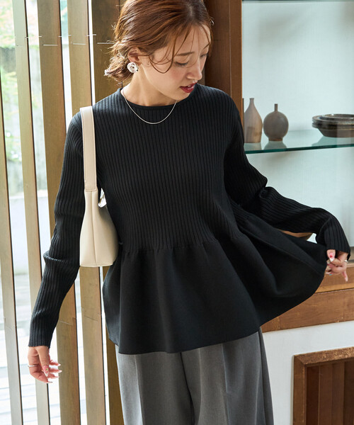 FREAK'S STORE（フリークスストア）の「限定展開　ウォッシャブル ペプラム ニット プルオーバー（ニット/セーター・レディース・ネイビー/ブラウン/ブラック/コーラルピンク/ナチュラル/ブルー・ﾌﾘ-）」の2枚目の写真