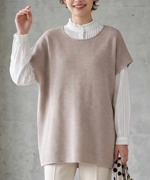 Sew loop(ソーループ)の「ニット風カットソー大きなチュニックベスト(ベスト・レディース・オートミール/アイボリー/ネイビー・FREE)」の2枚目の写真