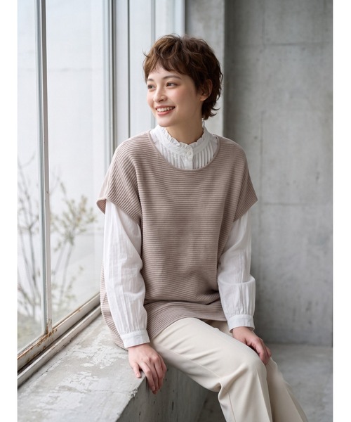 Sew loop(ソーループ)の「ニット風カットソー大きなチュニックベスト(ベスト・レディース・オートミール/アイボリー/ネイビー・FREE)」の6枚目の写真