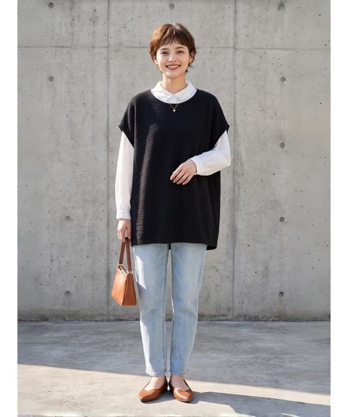 Sew loop(ソーループ)の「ニット風カットソー大きなチュニックベスト(ベスト・レディース・オートミール/アイボリー/ネイビー・FREE)」の14枚目の写真