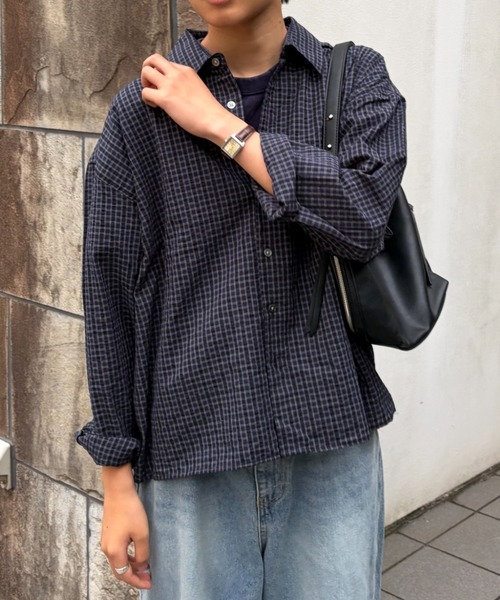 Never mind the XU / Chikashitsu+(ネバーマインド ザ エックスユー / チカシツプラス)の「【Chikashitsu +】relax check shirt (2color) / 【チカシツプラス】リラックス長袖チェックシャツ(シャツ/ブラウス・メンズ・ネイビー/ブラック・ONE SIZE)」の9枚目の写真