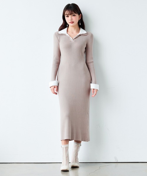 SAISON DE PAPILLON(セゾンドパピヨン)の「【新作登場】 ニットワンピース レディース ロングワンピース リブニット 長袖 配色襟 レイヤード襟 レース付き 折り返し袖 2way袖口 スキッパーネック Iライン タイトワンピース 前スリット 細見え 上品 きれいめ 通勤 秋 冬(ワンピース・レディース・ネイビー/ベージュ/グレー・M/L)」の8枚目の写真