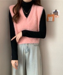シャギーニットベスト Vネック 重ね着 秋 冬 レディース