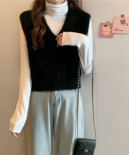 Beststore(ベストストア)の「シャギーニットベスト Vネック 重ね着 秋 冬 レディース(ベスト・レディース・ブラウン/ピンク/アイボリー/ミント/ホワイト/ブラック/レッド・FREE)」の17枚目の写真