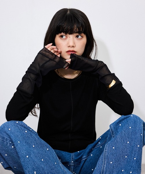 ADAM ET ROPE'(アダムエロペ)の「【サステナブル】エアリーシアーカフスカットソー(Tシャツ/カットソー・レディース・ホワイト/ベージュ/サックスブルー/ブラック・FREE)」の1枚目の写真
