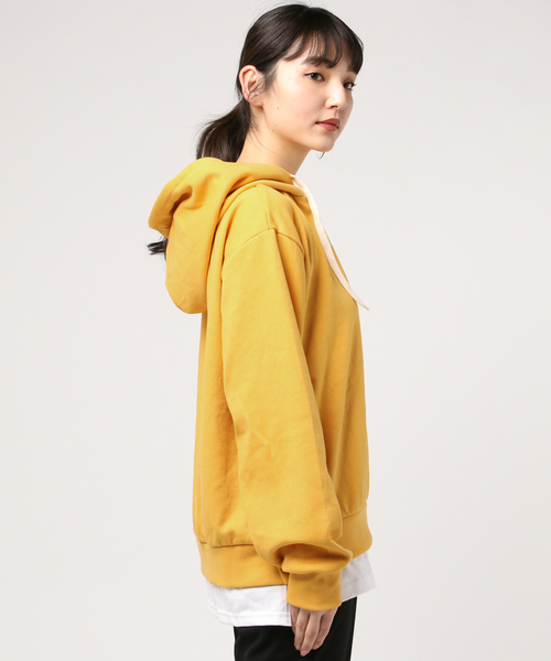 DING（ディング）の「DING/フェイクレイヤードプルパーカー（パーカー・レディース・ブラック/パープル/イエロー/杢グレー・FREE）」の5枚目の写真