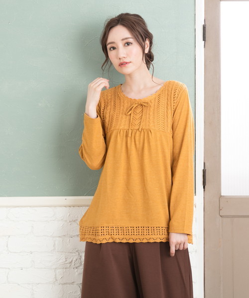 EVLOVE(イヴロヴ)の「【 大きいサイズ レディース 】 EVLOVE ( イヴロヴ ) プルオーバー カット ニット 異素材 リボン(Tシャツ/カットソー・レディース・チャコールグレー/ネイビー/マスタード・13号/15号)」の3枚目の写真