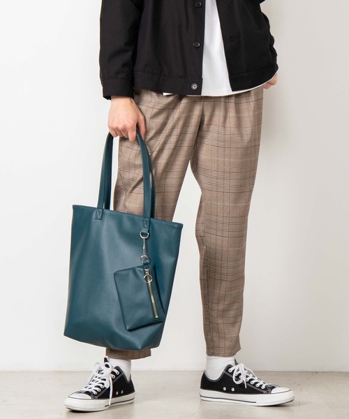 WEGO(ウィゴー)の「WEGO/リングジップポーチ付きフェイクレザートートバッグ(トートバッグ)」|ターコイズブルー