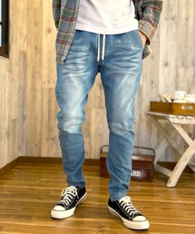 BEATJIVE | 裏起毛 デニム ジョガーパンツ 暖かい サルエル テーパード スウェットパンツ メンズ(デニムパンツ)