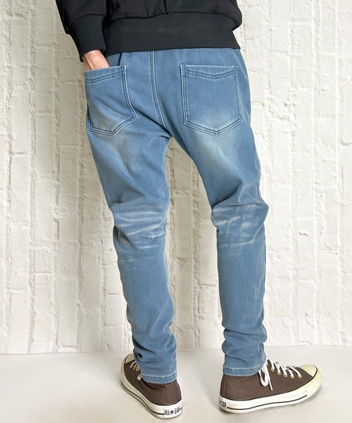 BEATJIVE（ビートジャイブ）の「裏起毛 デニム ジョガーパンツ  暖かい サルエル テーパード スウェットパンツ メンズ（デニムパンツ・メンズ・ライトブルー/ネイビー/インディゴブルー・2/3）」の12枚目の写真