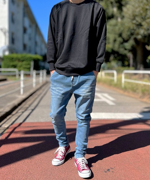 BEATJIVE（ビートジャイブ）の「裏起毛 デニム ジョガーパンツ  暖かい サルエル テーパード スウェットパンツ メンズ（デニムパンツ・メンズ・ライトブルー/ネイビー/インディゴブルー・2/3）」の11枚目の写真