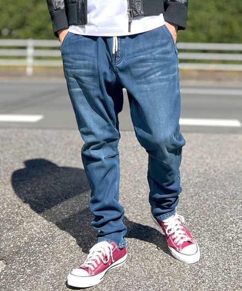 BEATJIVE（ビートジャイブ）の「裏起毛 デニム ジョガーパンツ  暖かい サルエル テーパード スウェットパンツ メンズ（デニムパンツ・メンズ・ライトブルー/ネイビー/インディゴブルー・2/3）」の19枚目の写真