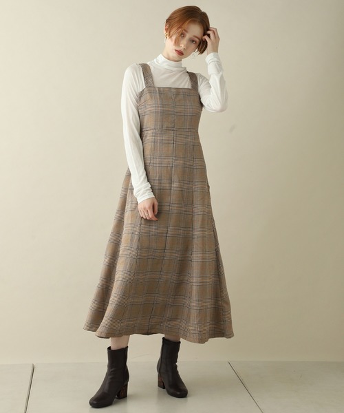 one after another NICE CLAUP（ワンアフターアナザーナイスクラップ）の「ロングジャンパースカート（ジャンパースカート・レディース・チェック/アイボリー/パープル/ボルドー・FREE）」の4枚目の写真