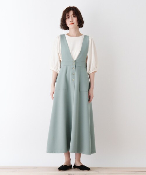 DRESKIP(ドレスキップ)の「◆Vネックサス付きロングジャンスカ(スカート・レディース・グリーン系/ブラック/オフホワイト・03/02)」の4枚目の写真