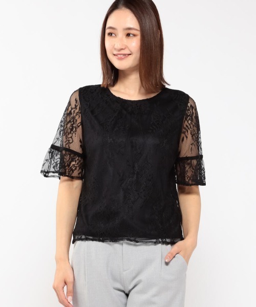 MEW'S REFINED CLOTHES(ミューズリファインドクローズ)の「総レース配色5分袖フレアブラウス(シャツ/ブラウス・レディース・キナリ/ブラック/ブルー・MEDIUM)」の3枚目の写真