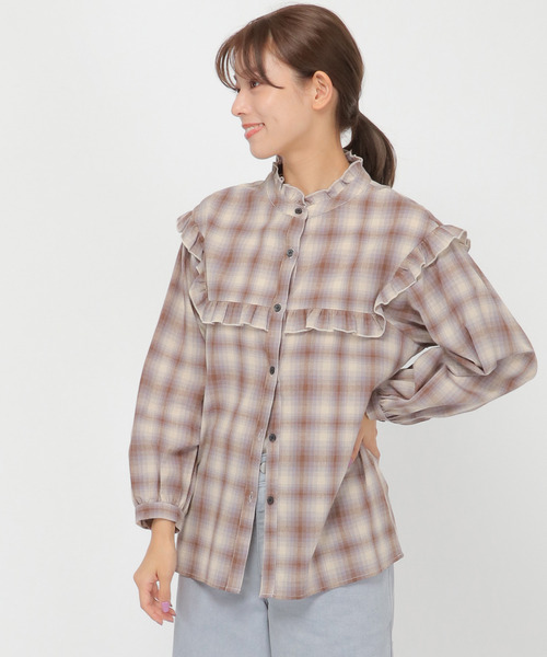 LBC(エルビーシー)の「オンブレチェックフリルブラウス(シャツ/ブラウス・レディース・ブラック/ベージュ・M/L)」の1枚目の写真