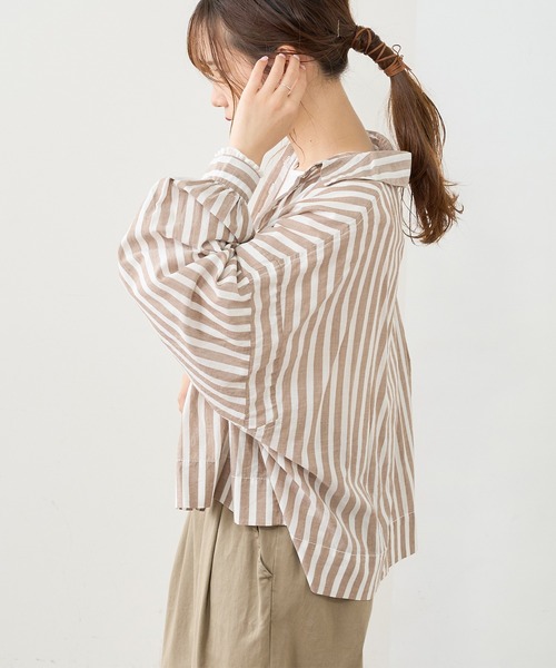 PUAL CE CIN（ピュアルセシン）の「先染めストライプ前開きブラウス（シャツ/ブラウス・レディース・ブラック/ブラウン/グリーン/ブルー・FREE）」の5枚目の写真