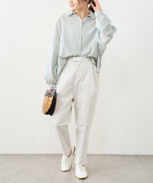 PUAL CE CIN（ピュアルセシン）の「先染めストライプ前開きブラウス（シャツ/ブラウス・レディース・ブラック/ブラウン/グリーン/ブルー・FREE）」の9枚目の写真