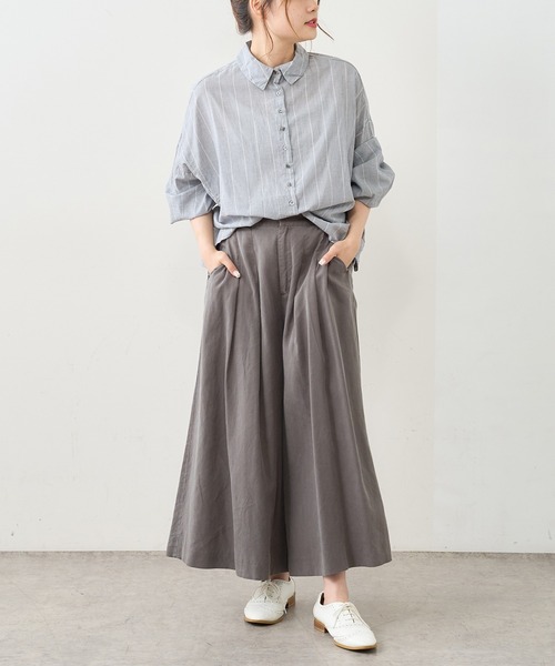 PUAL CE CIN（ピュアルセシン）の「先染めストライプ前開きブラウス（シャツ/ブラウス・レディース・ブラック/ブラウン/グリーン/ブルー・FREE）」の7枚目の写真