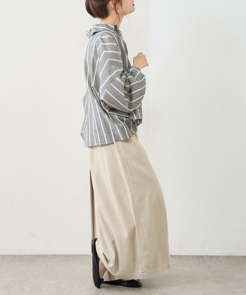 PUAL CE CIN（ピュアルセシン）の「先染めストライプ前開きブラウス（シャツ/ブラウス・レディース・ブラック/ブラウン/グリーン/ブルー・FREE）」の11枚目の写真