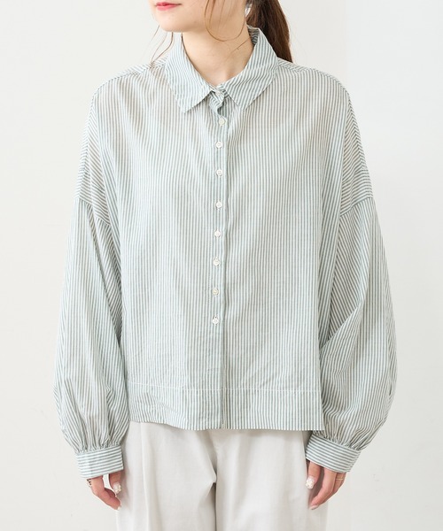 PUAL CE CIN（ピュアルセシン）の「先染めストライプ前開きブラウス（シャツ/ブラウス・レディース・ブラック/ブラウン/グリーン/ブルー・FREE）」の15枚目の写真
