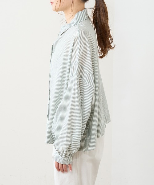PUAL CE CIN（ピュアルセシン）の「先染めストライプ前開きブラウス（シャツ/ブラウス・レディース・ブラック/ブラウン/グリーン/ブルー・FREE）」の16枚目の写真