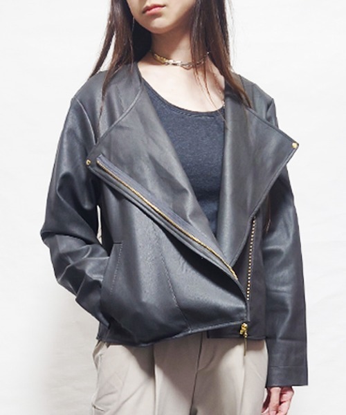 CRYSTAL BALL（クリスタルボール）の「No-collar Riders jacket（ライダースジャケット・レディース・カーキ/ダークグレー/ブラック・FREE）」の3枚目の写真