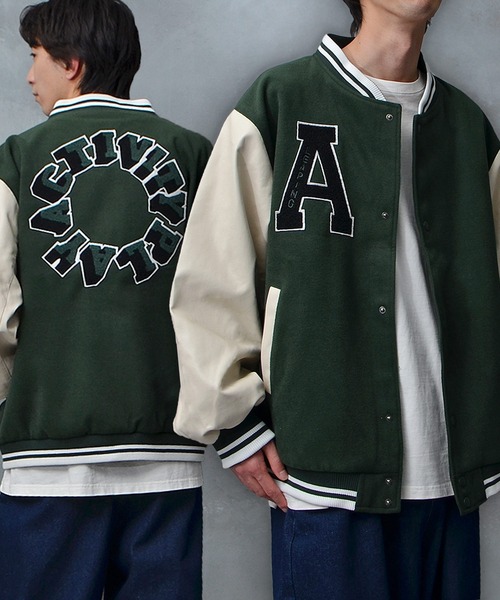 オーバーサイズカレッジロゴスタジャン メンズ PUレザー切り替え